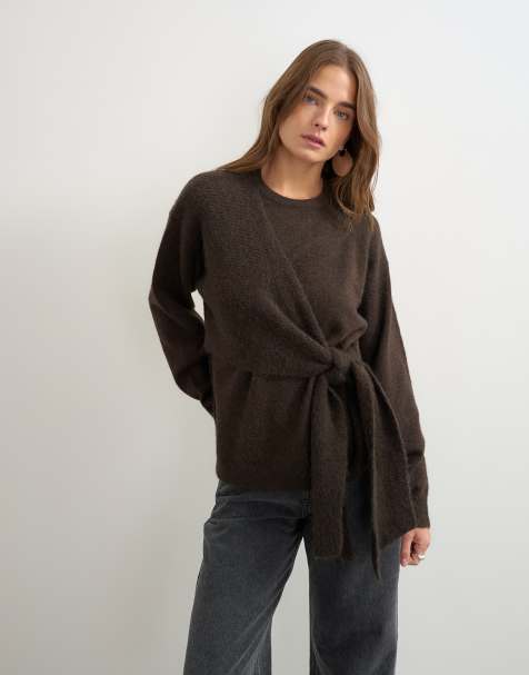 Topshop knitted front tie jumper with wool and alpaca in tobacco - view 1