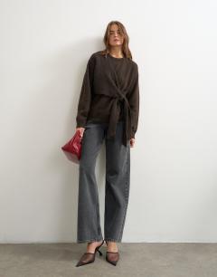 Model wearing Knitted front tie jumper with wool and alpaca in tobacco