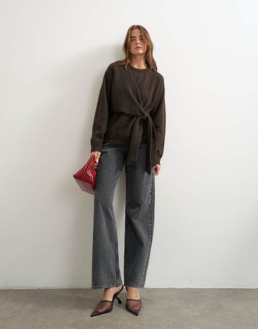 Topshop knitted front tie jumper with wool and alpaca in tobacco, 2 of 4