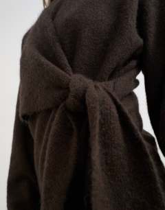 Model wearing Knitted front tie jumper with wool and alpaca in tobacco