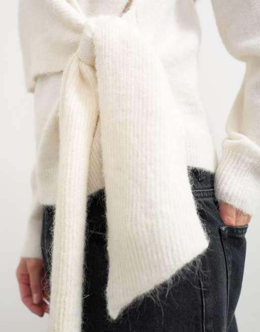 Topshop knitted front tie sweater with wool and alpaca in ivory, 3 of 4