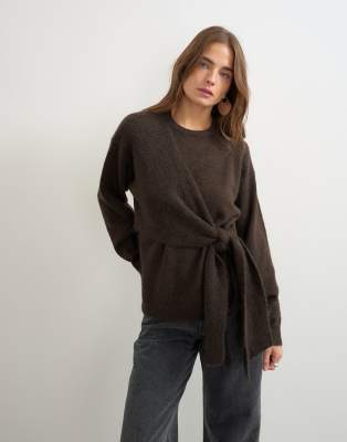 Topshop Knitted Front Tie Sweater With Wool And Alpaca In Brown