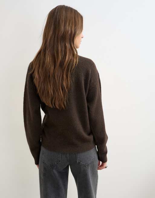 Topshop knitted front tie sweater with wool and alpaca in tobacco, 3 of 4