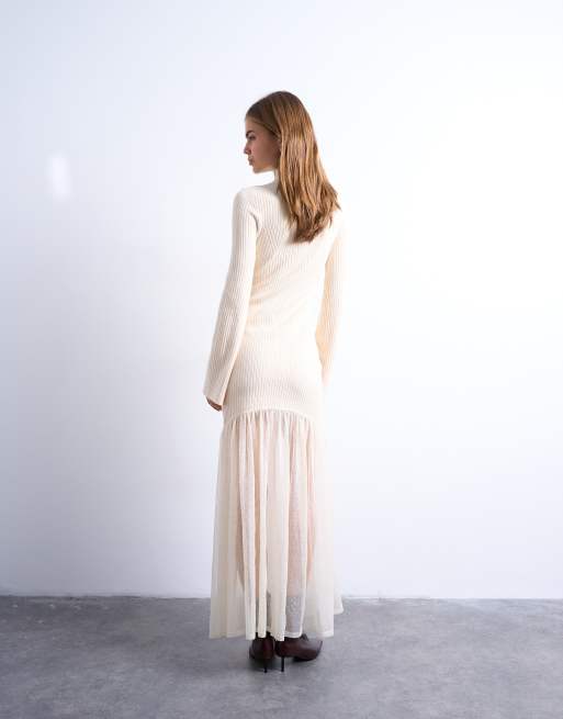 Topshop knitted full skirt dress in ivory, 2 of 4