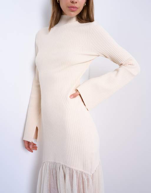 Topshop knitted full skirt dress in ivory, 3 of 4