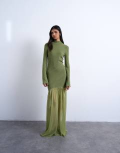 Knitted full skirt dress in olive