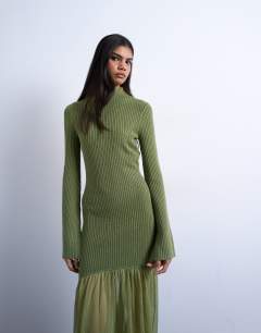 Model wearing Knitted full skirt dress in olive