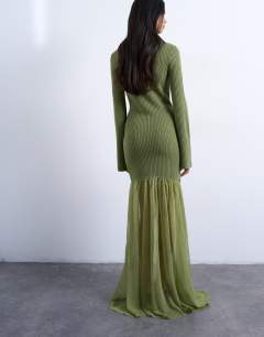 Model wearing Knitted full skirt dress in olive