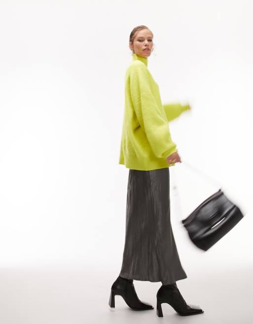 Topshop knitted funnel neck long line jumper in lime, 2 of 4
