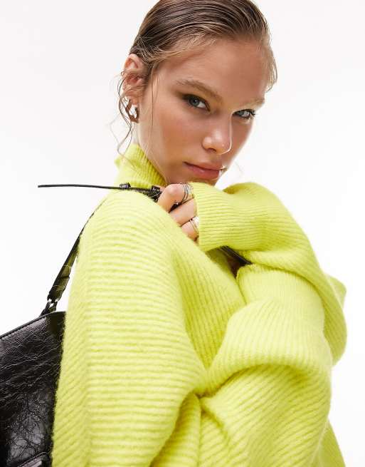 Topshop knitted funnel neck long line jumper in lime, 3 of 4