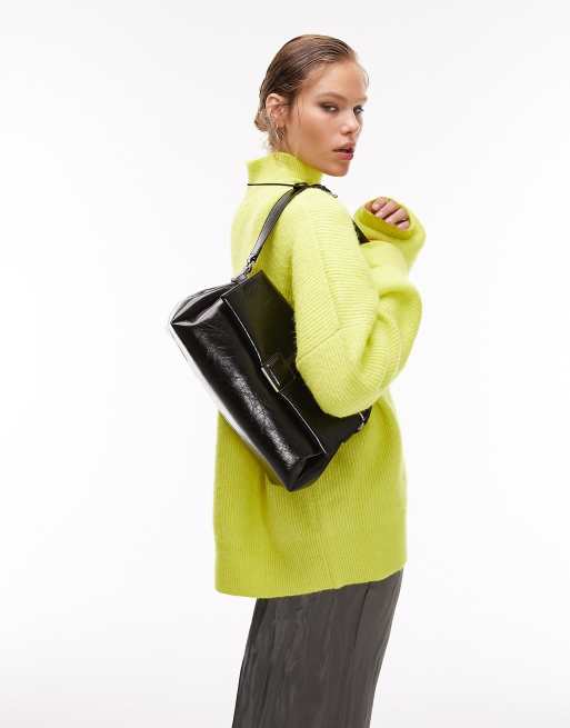 Topshop knitted funnel neck long line jumper in lime, 4 of 4