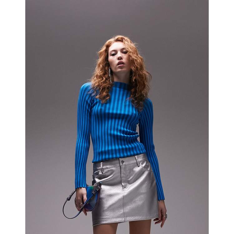 Topshop knitted funnel neck stripe long sleeve top in blue | ASOS