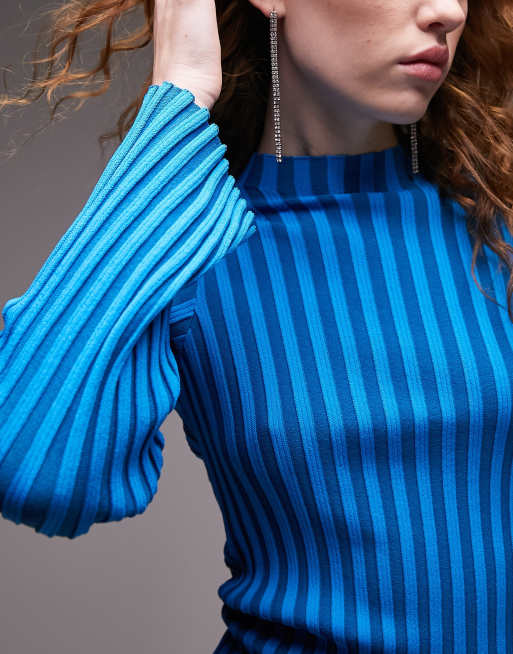 Topshop knitted funnel neck stripe long sleeve top in blue | ASOS