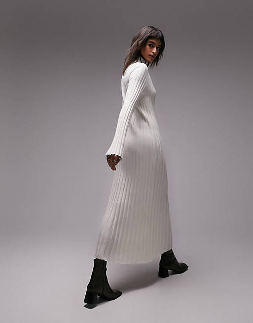 Topshop knitted funnel neck variegated rib maxi dress in ivory | ASOS