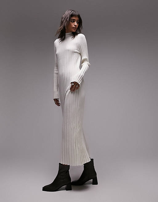 Topshop knitted funnel neck variegated rib maxi dress in ivory | ASOS