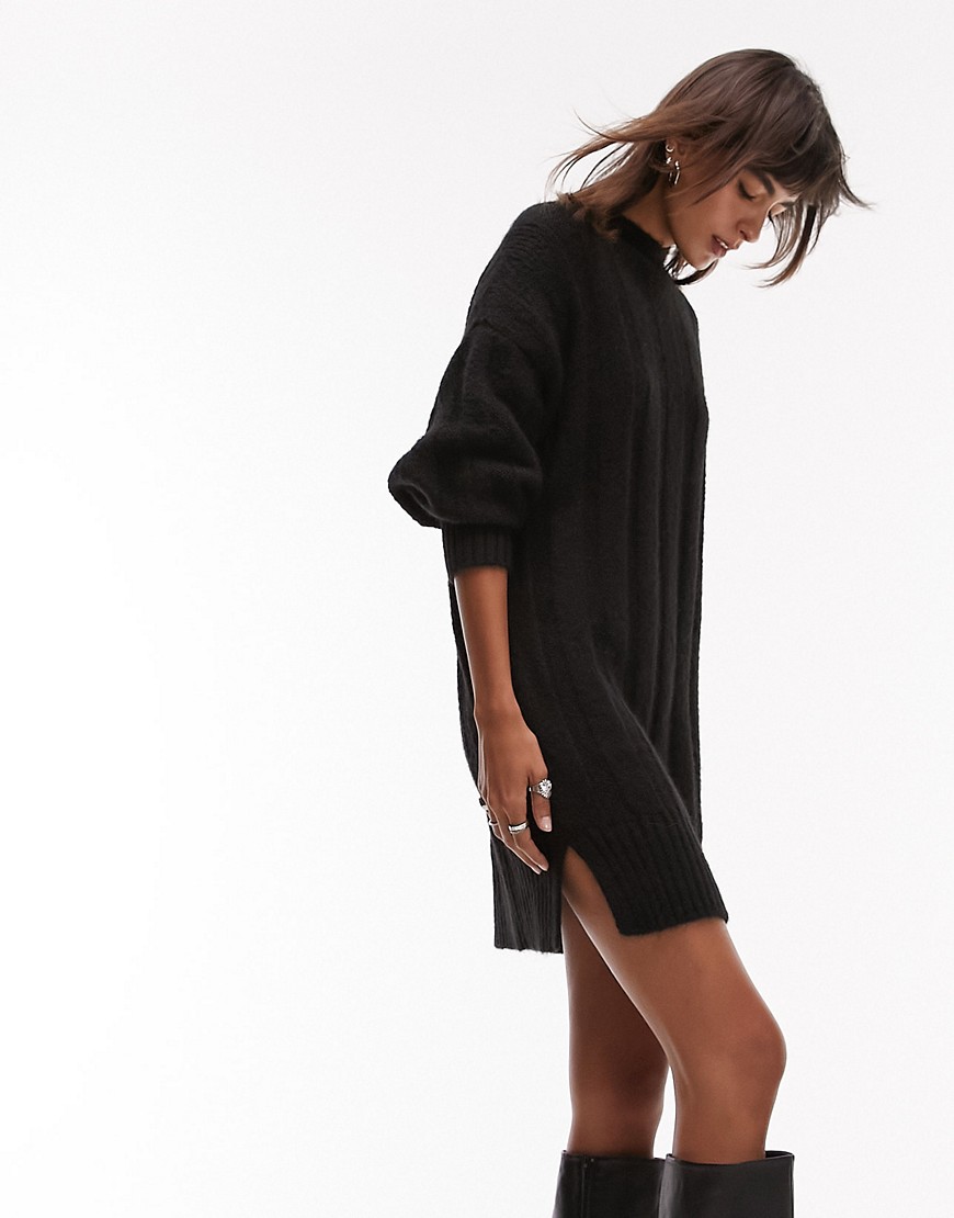 Topshop knitted funnel neck wide rib mini dress in black