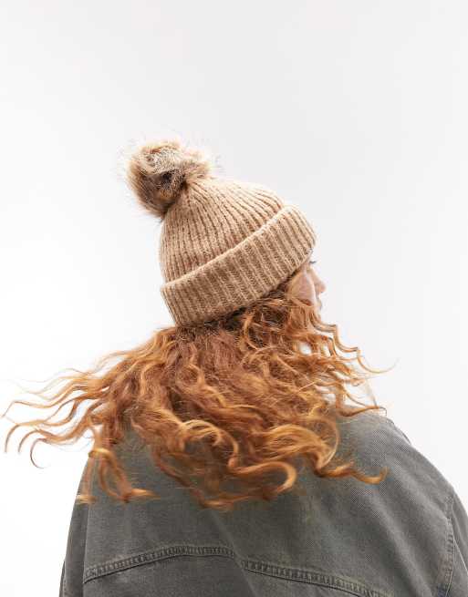 Topshop knitted fur pom pom beanie in camel - TAN