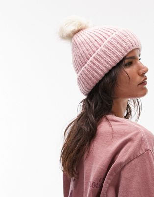 Topshop knitted fur pom pom beanie in dusky pink - ASOS Price Checker