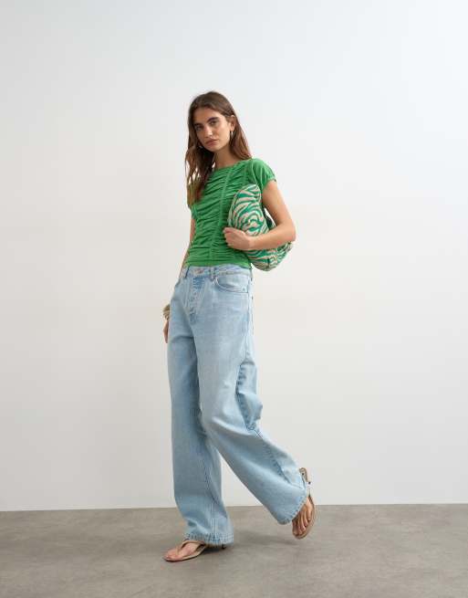 Topshop knitted gathered detail cap sleeve top in green, 4 of 4