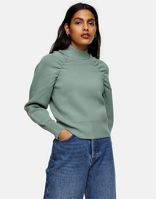 Topshop knitted gathered sleeve sweat jumper