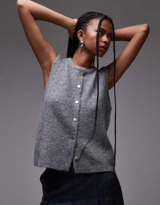 Topshop Knitted Gold Button Tank In Gray