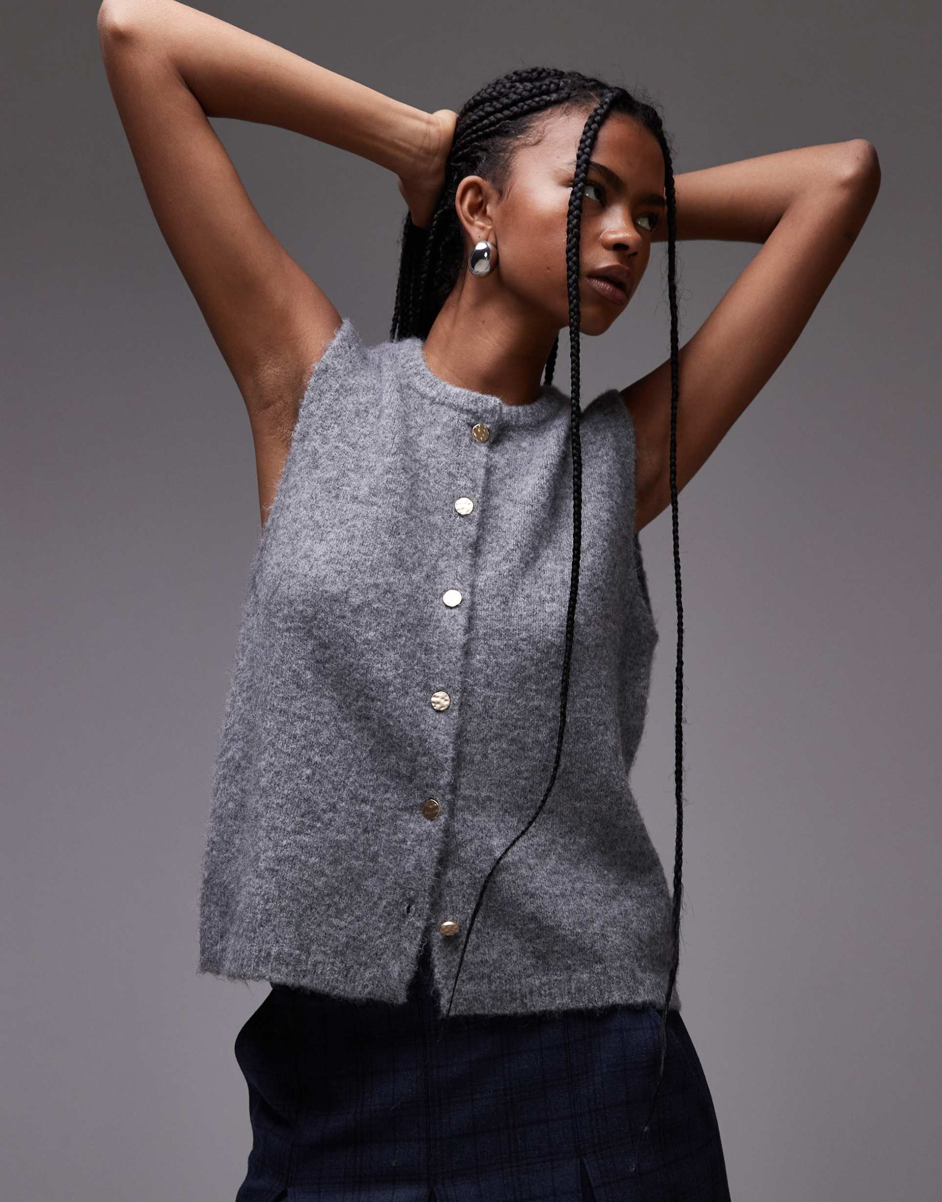 topshop knitted gold button tank in gray