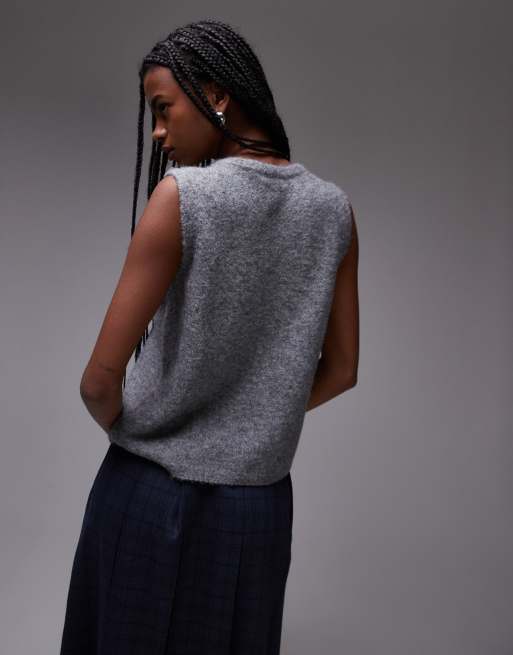 Topshop knitted gold button tank in grey, 4 of 4