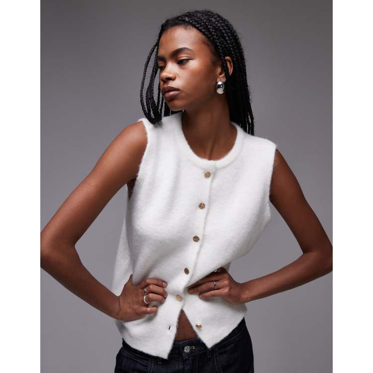 Topshop knitted gold button tank in ivory | ASOS