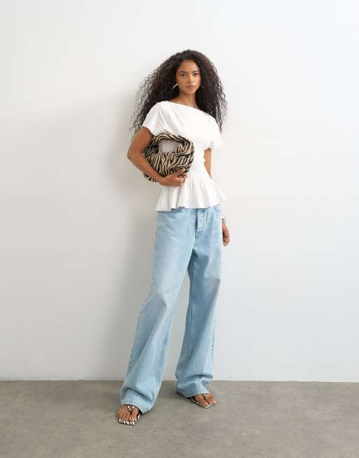 Topshop knitted grown on short sleeve peplum top in ivory, 2 of 4