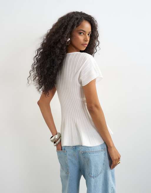 Topshop knitted grown on short sleeve peplum top in ivory, 4 of 4