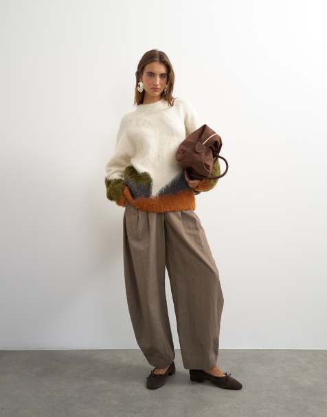 Topshop knitted hairy abstract colour block stripe crew neck jumper in ivory multi - view 1