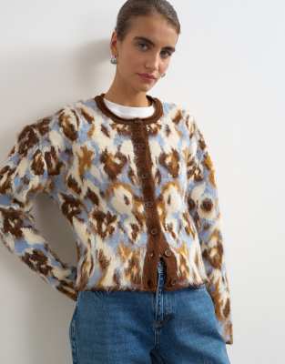 Topshop Knitted Hairy Crew Neck Cardigan In Multi