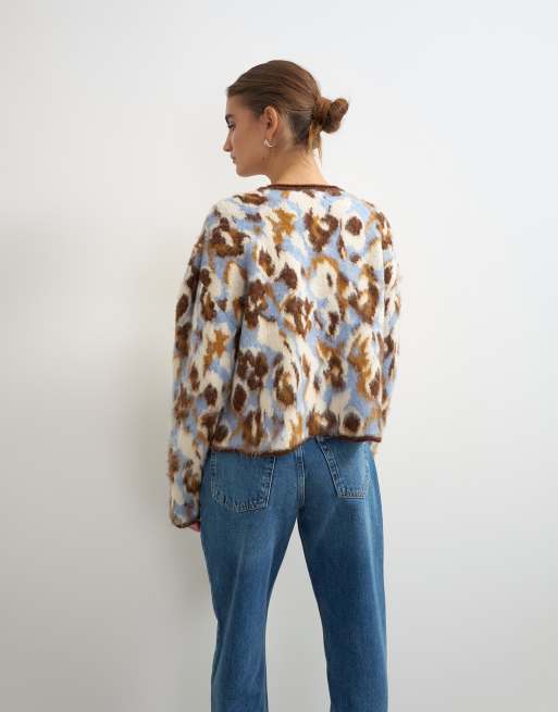 Topshop knitted hairy crew neck cardigan in blue floral, 4 of 4