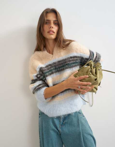 Topshop knitted hairy high v neck wool stripe jumper in neutral multi - view 1