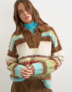 Model wearing Knitted hairy stripe polo collared jumper in brown multi