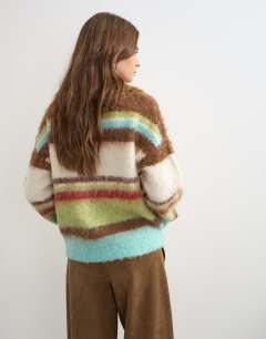 Model wearing Knitted hairy stripe polo collared jumper in brown multi