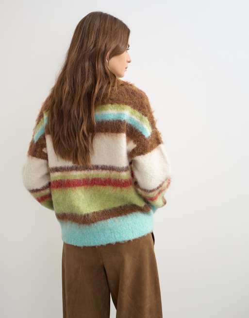 Topshop knitted hairy stripe polo collared jumper in brown multi, 4 of 4