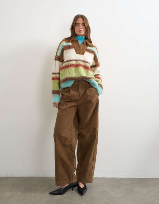Topshop knitted hairy stripe polo collared sweater in brown multi, 2 of 4