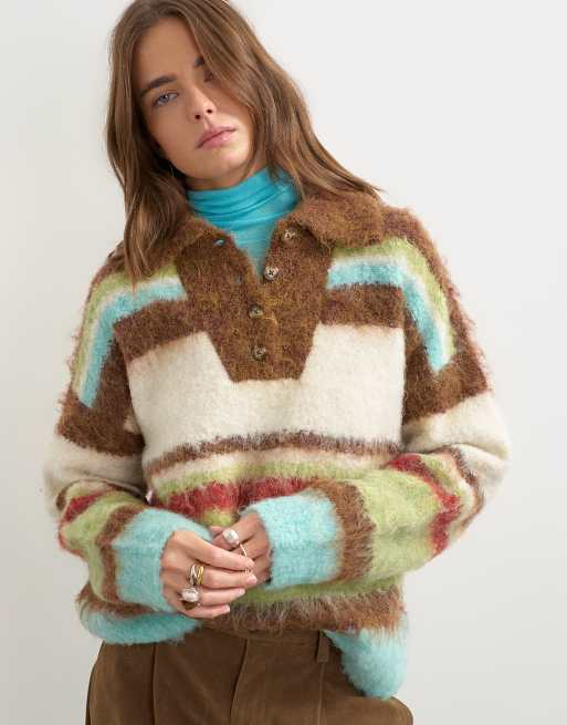 Topshop knitted hairy stripe polo collared sweater in brown multi, 3 of 4