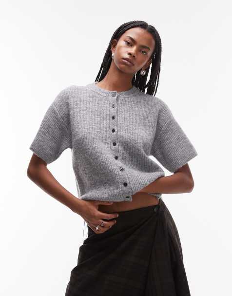 Topshop knitted half sleeve cardi in gray - view 1