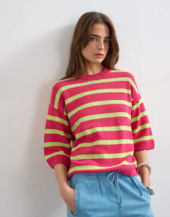 Knitted half sleeve relaxed fit t-shirt in pink multi