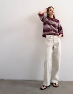 Model wearing Knitted half sleeve stripey t-shirt in burgundy