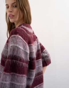 Model wearing Knitted half sleeve stripey t-shirt