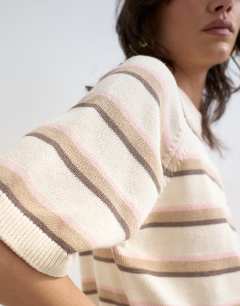 Model wearing Knitted half sleeve t-shirt in neutral stripe