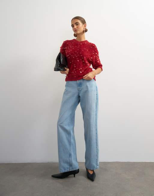 Topshop knitted half sleeve v neck sequin t-shirt in red, 2 of 4