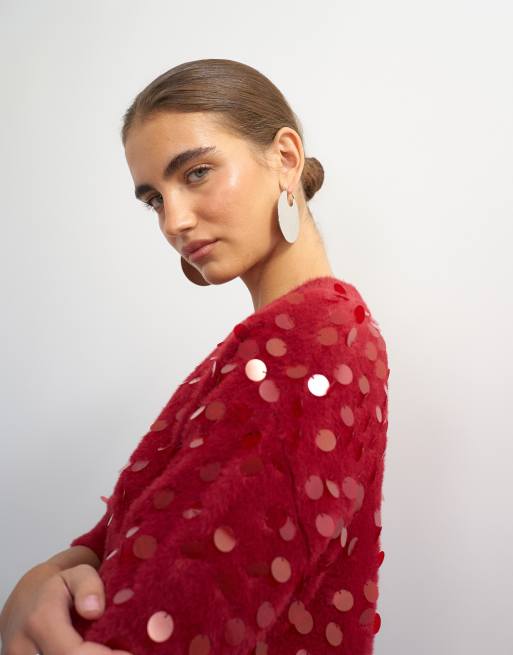 Topshop knitted half sleeve v neck sequin t-shirt in red, 3 of 4