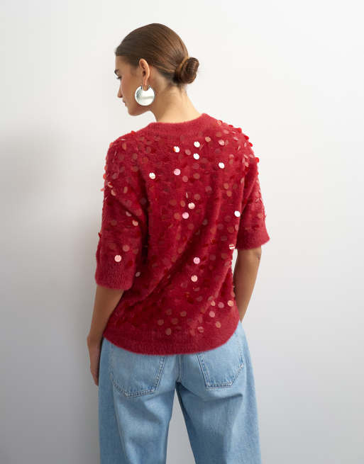 Topshop knitted half sleeve v neck sequin t-shirt in red, 4 of 4
