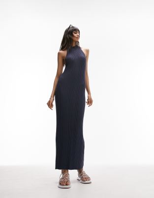 Topshop Knitted Halter Neck Ribbed Midi Dress In Blue ModeSens