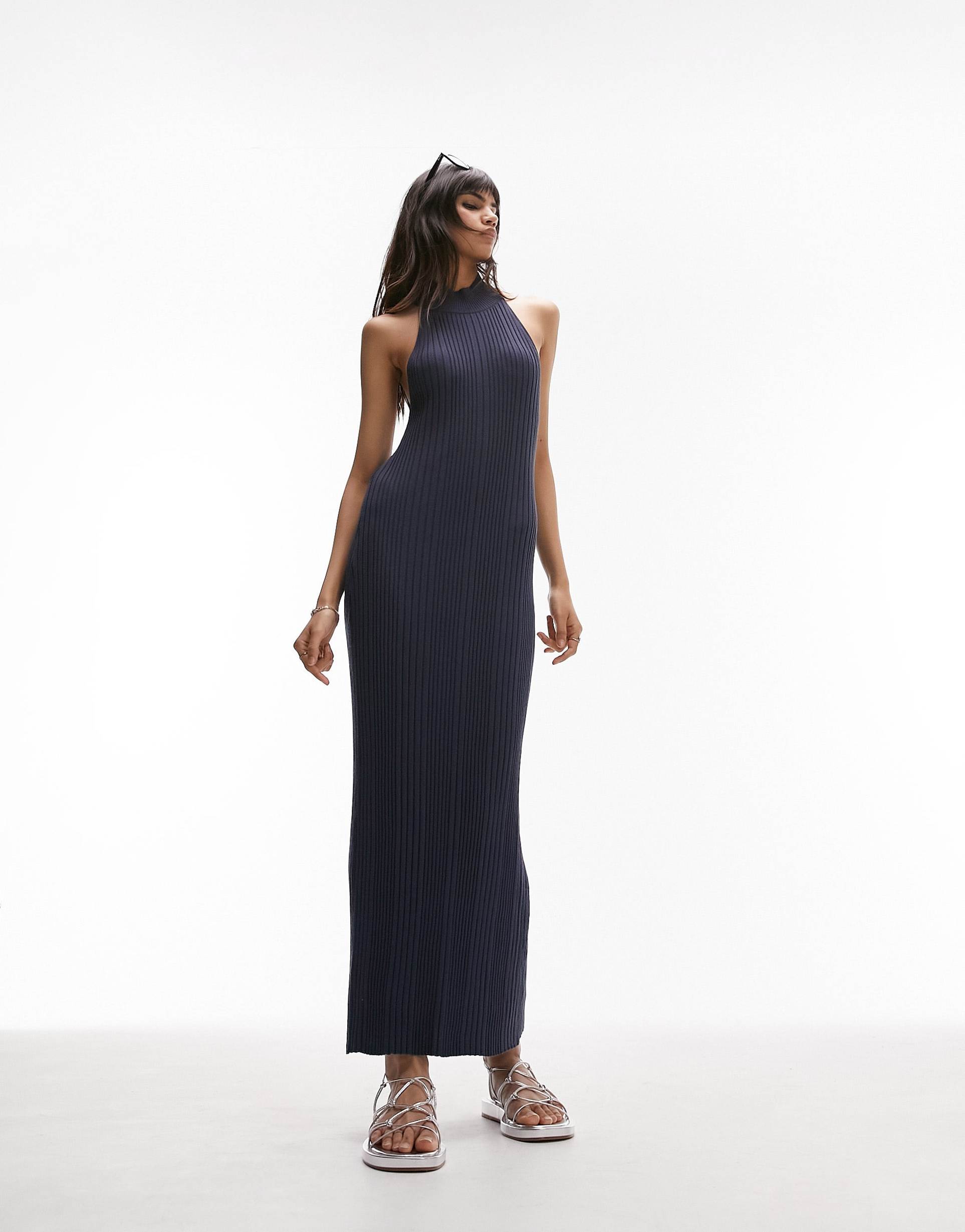 topshop knitted halter neck ribbed midi dress in blue