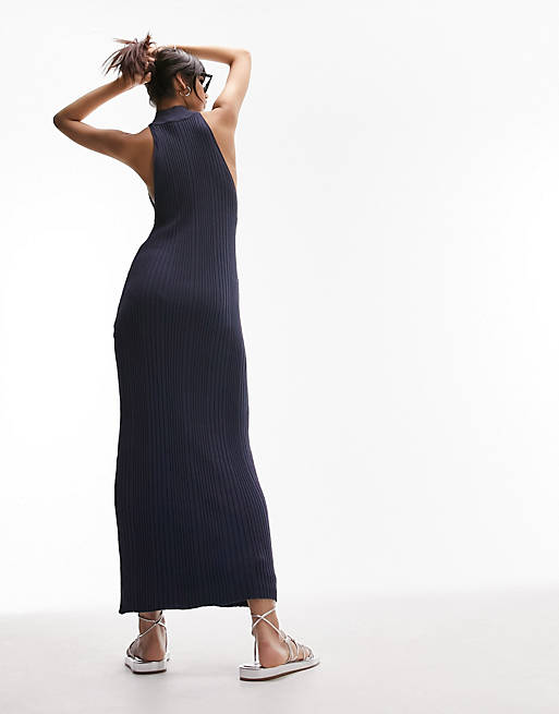 Topshop knitted halter neck ribbed midi dress in blue